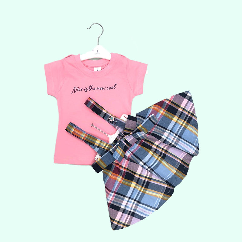 BLUE CHECKS DUNGREE SKIRT WITH TSHIRT (Pink)