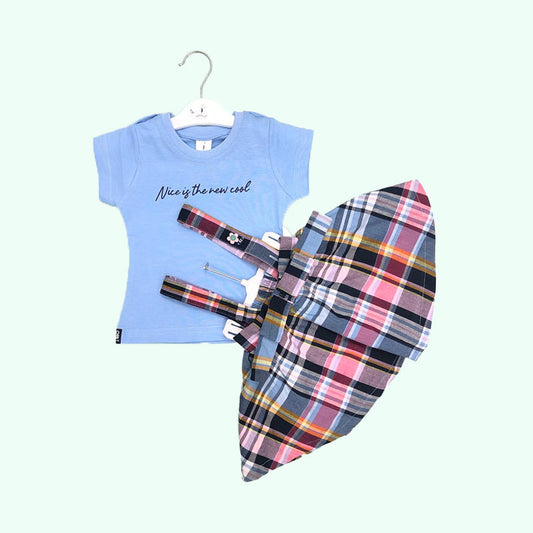 BLUE CHECKS DUNGREE SKIRT WITH TSHIRT (Blue)