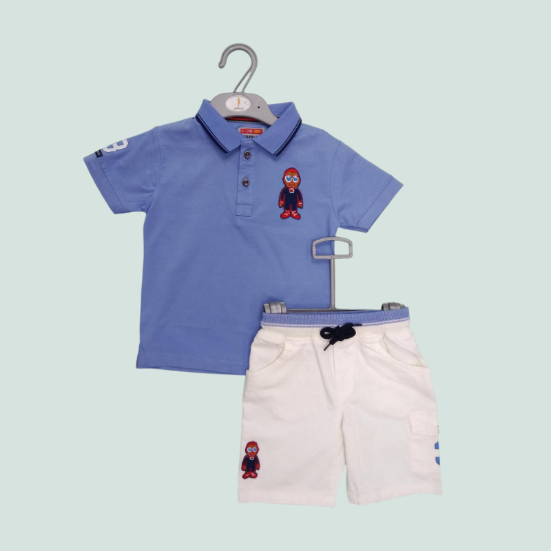 BLUE POLO TSHIRT WITH WHITE DENIM SHORTS