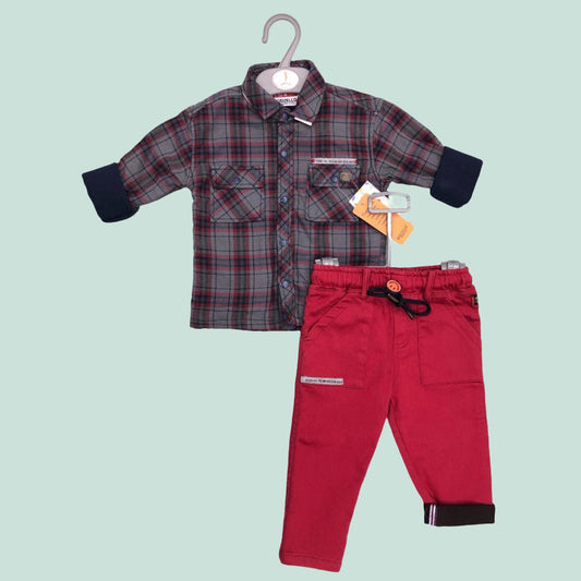 MAROON JEANS N CHECKS SHIRT SET