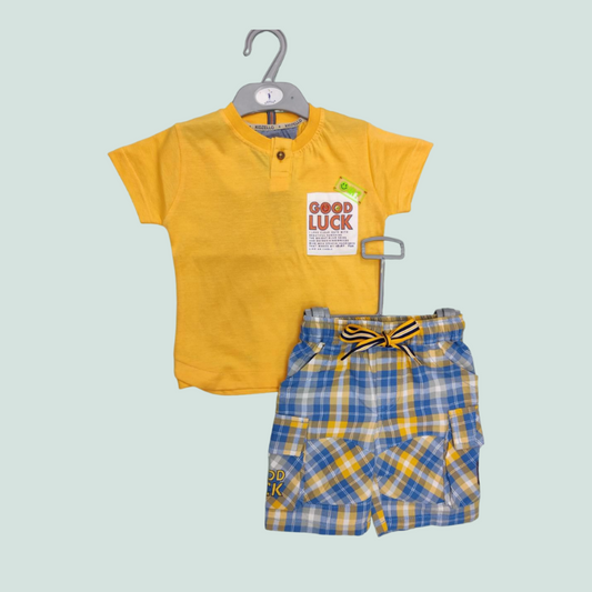 MUSTARD TSHIRT WITH BLUE CHECKS SHORTS