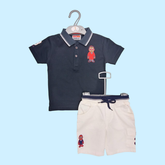 NAVY POLO TSHIRT WITH WHITE DENIM SHORTS