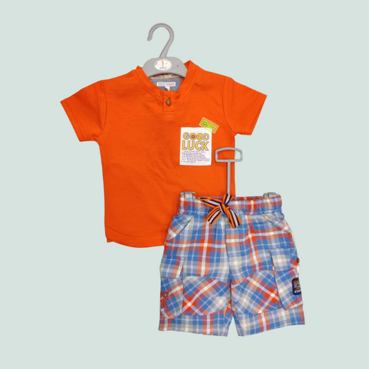 ORANGE TSHIRT WITH BLUE CHECKS SHORTS